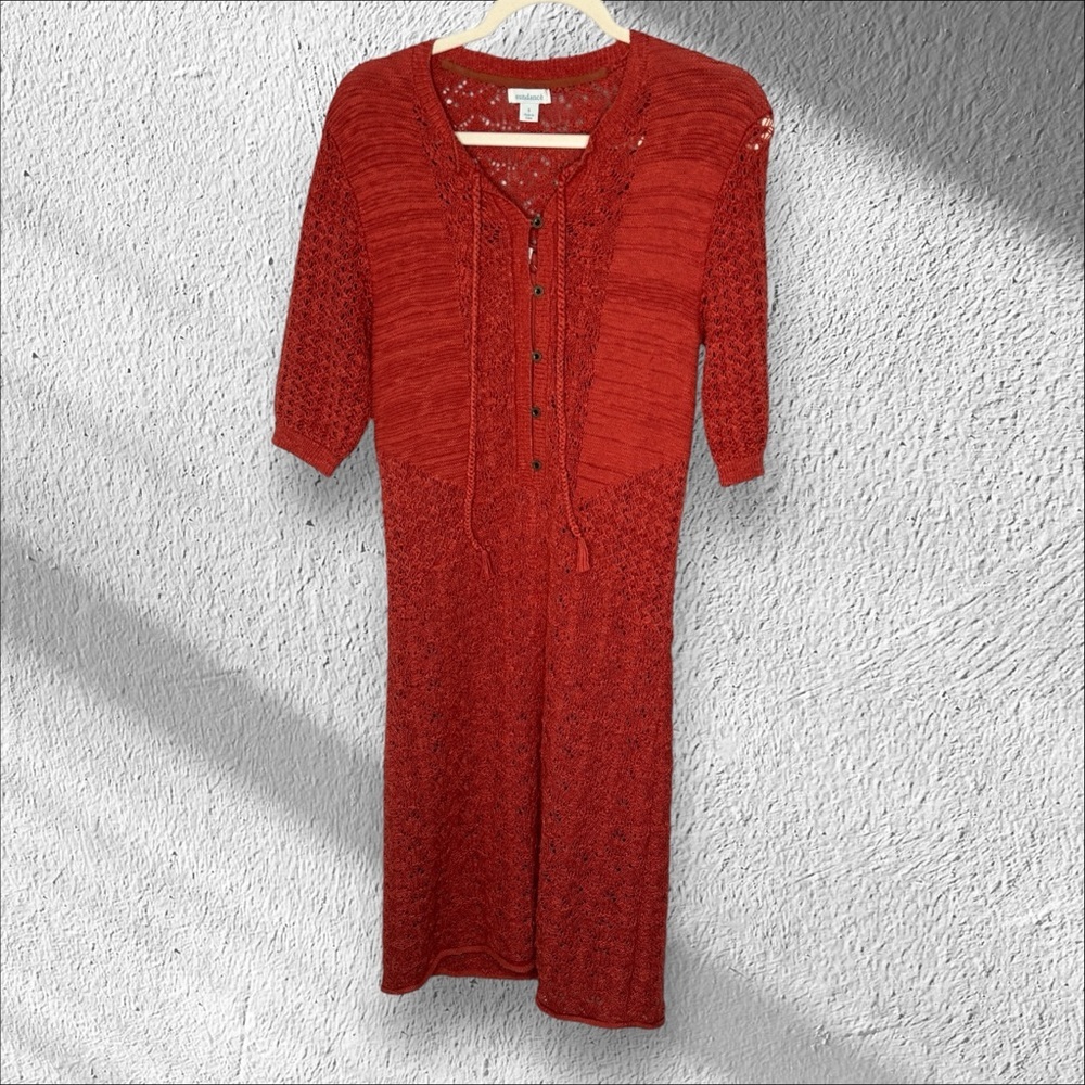 Sundance Pretty‎ Pointelle Paprika Rust Orange Knit Crochet Dress Boho Winter SM